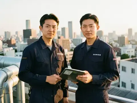 EAGLE RESTORATION LTD の職人が屋上で換気管を点検
